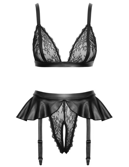 Soutien-gorge et slip fendu à jarretelles noir - Cottelli LINGERIE